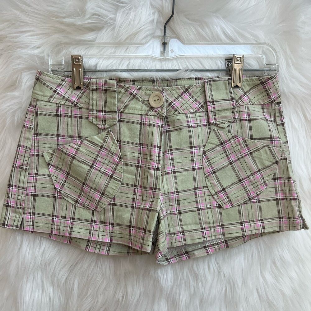 Y2K vintage Pink and green plaid low rise cargo shorts with pockets